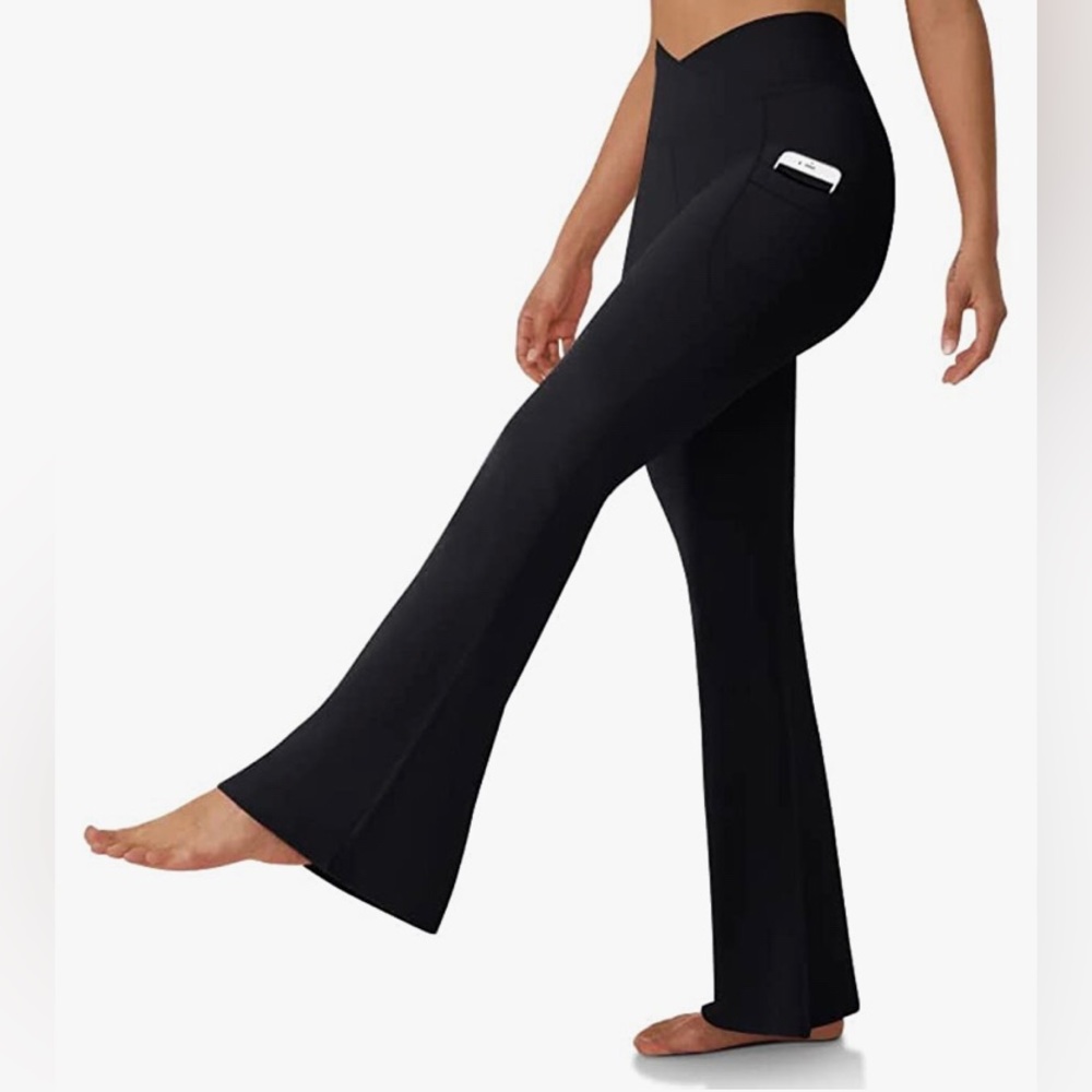 Women's Black Flare Leggings with Pockets-Crossover High Waisted